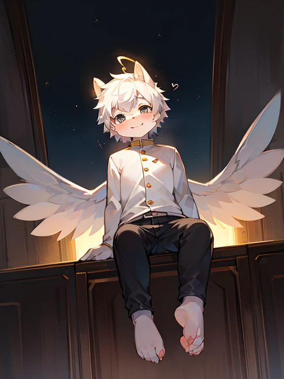 Shota,white hair ,male,Q version,(toddler,baby), Lovely, sit on the floor, Master masterpieces, high resolution,8k,Detailed background,high quality,horny boy,(((solo))),(angel wings,angel halo,White clothes,barefoot:0.6),looking at the audience,perspective,from above,dreamlike,magic,Baiyun,(Warm light source:1.2),upper sky,on cloud,a happy expression,shorter pants