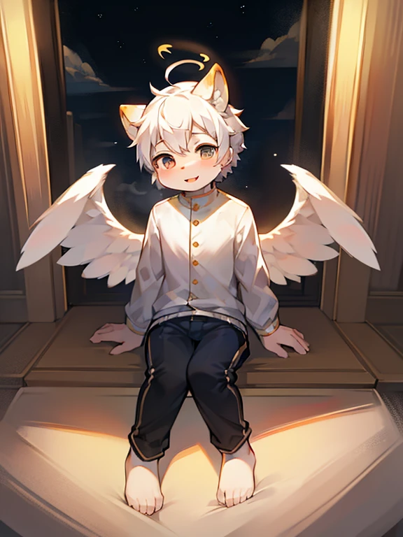 Shota,white hair ,male,Q version,(toddler,baby), Lovely, sit on the floor, Master masterpieces, high resolution,8k,Detailed background,high quality,horny boy,(((solo))),(angel wings,angel halo,White clothes,barefoot:0.6),looking at the audience,perspective,from above,dreamlike,magic,Baiyun,(Warm light source:1.2),upper sky,on cloud,a happy expression,shorter pants