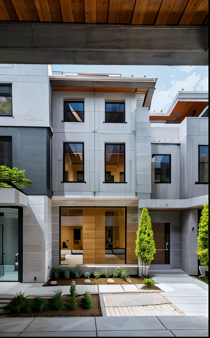 color photo of a modern and minimalist grey-colored Midcentury home. The house exudes an elegant and sophisticated vibe with its sleek lines, clean design, and neutral color palette. The exterior of the home is painted in a beautiful shade of grey, which perfectly complements the surrounding landscape. Large windows allow an abundance of natural light to flood the interior, creating a bright and airy atmosphere. The architectural details, such as the flat roof, angular shapes, and minimalistic landscaping, add to the overall contemporary aesthetic of the house. This grey Midcentury home stands as a timeless masterpiece, blending seamlessly with its surroundings.