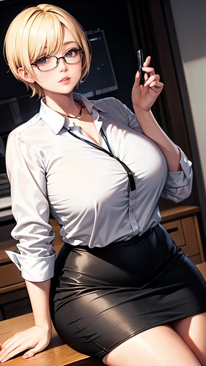 Blonde Shorthair　Glasses　white blouse　black tight skirt　stockings　lanyard id card　35 years old　plump lips　Eyes meet　sit at the desk and stare at me