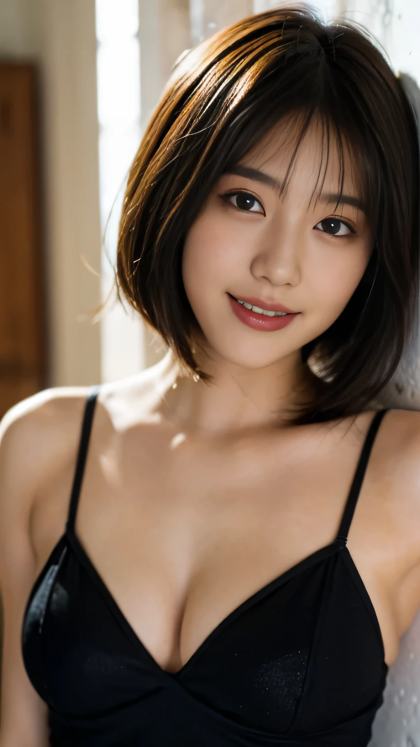 thong,t_front, without shoulder straps,　Sleeveless、mesh leotard、open clothes,　When the face and body turn towards the viewer、Cute 18 years old、(ferocious、High resolution)、Ultra high definition illustration、1 girl、(Plump:1.0)、short bob hair、Glossy skin、(Glitter pupil:1.2)、(make:1.0)、(lips:1.1)、cute smile、((body facing towards the viewer:1.1))、(cleavage)、腰から上の写真、large breasts,thighs, 身体が視聴者の方向を向く、まっすぐ立つ、