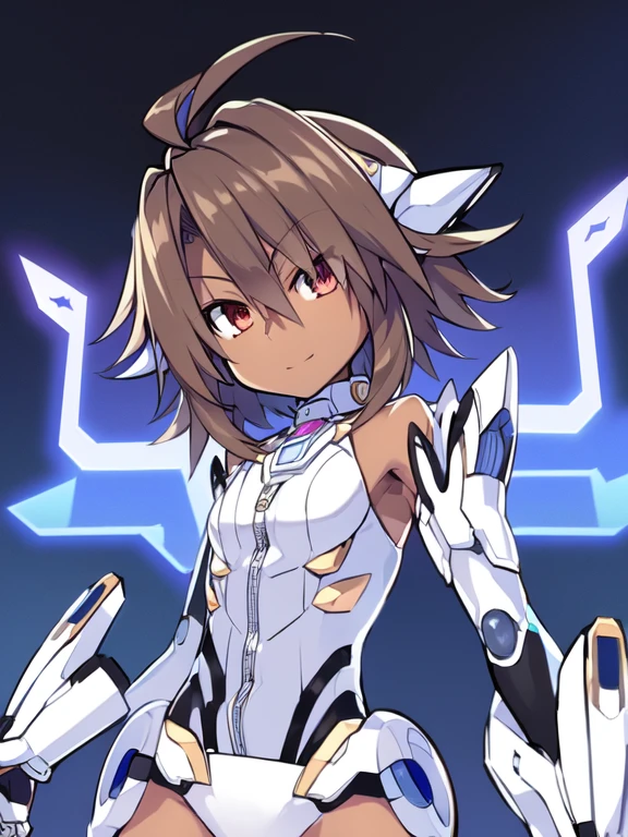 Masterpiece, highly detailed, ultra quality, ultra high .res, amazing quality, superior quality, glowing, date a live, xenosaga, Hyperdimension Neptunia white heart, no game no life, flat chested, (male), (9 year old boy), otokonoko, (((Dark skin))), cute, big innocent ruby red eye's, (dark brown hair), (white Mechanical exoskeleton), ((mecha_musume)),short hair,(((white elbow gloves))),((black bodysuit)),(floating_armor), Mechanical headgear,, white mecha thigh armoured attachment, black pants leggings, zoom in, close up, pose, adorable smile, adorable, headgear