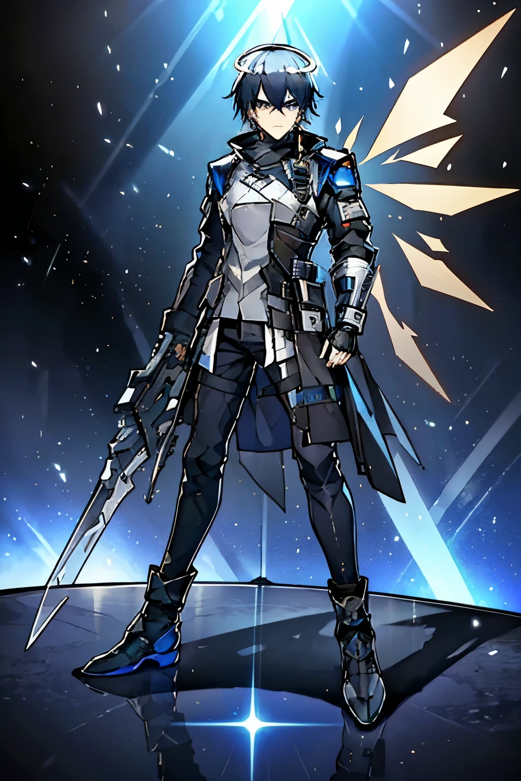 (masterpiece), best quality, solo, arknights design, arknights operator, (black hair, no facial hair), (blue eyes, sharp eyes), chainmail armor, chainmail, grey armor, knight, (sankta, blue glowing halo, blue halo, blue holographic angular shaped wings, blue holographic wings, angular wings, halo), (man, young man, boy, male, tall, lanky, tall man) menacing eyes, intimidating aura, vengeance, menacing glare, menacing stare, spear