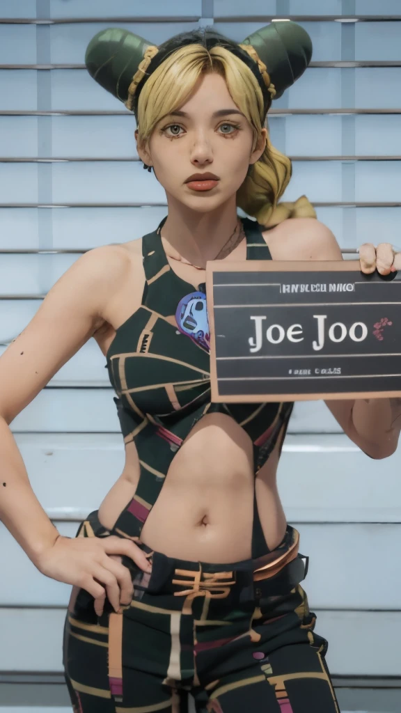 a close up of a person holding a sign in front of a mug, posing as a jojo character, jojo anime style, joseph joestar, in jojo\'s bizarre adventure, joe biden as a jojo character, style of jojolion cover art, nami from one piece, jjba, junko enoshima, fujita goro!, cuta anime, jojo style