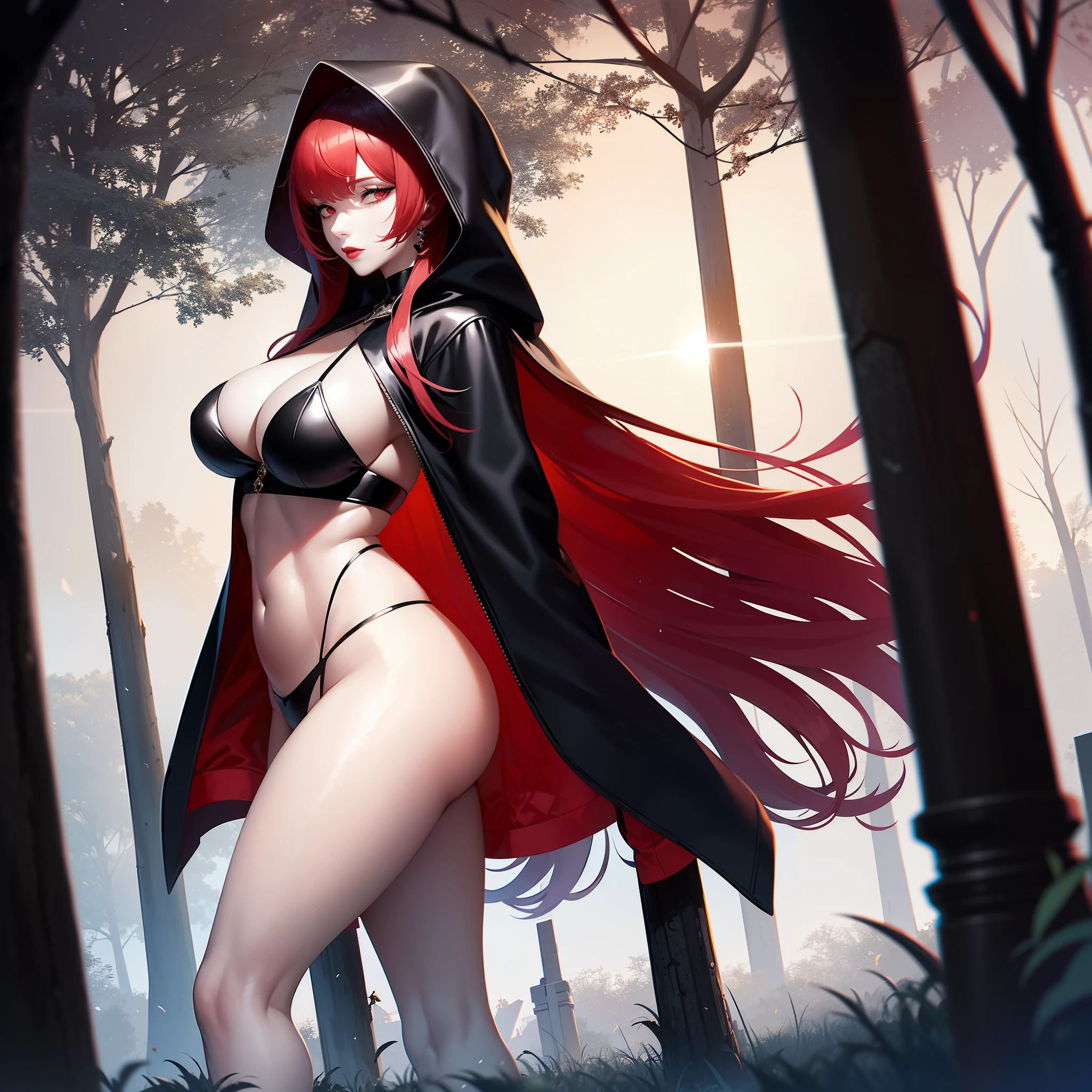 Beautiful woman 40+ dark fantasy, full height, , wide , pale white skin, long white-red hair, red eyes, red lips, open black robe, robe fluttering in the wind, black hood, long black braid, red , red fishnet stockings, black heels, in an abandoned cemetery overgrown with moss, night, full month, thick white fog, dusk, god rays
