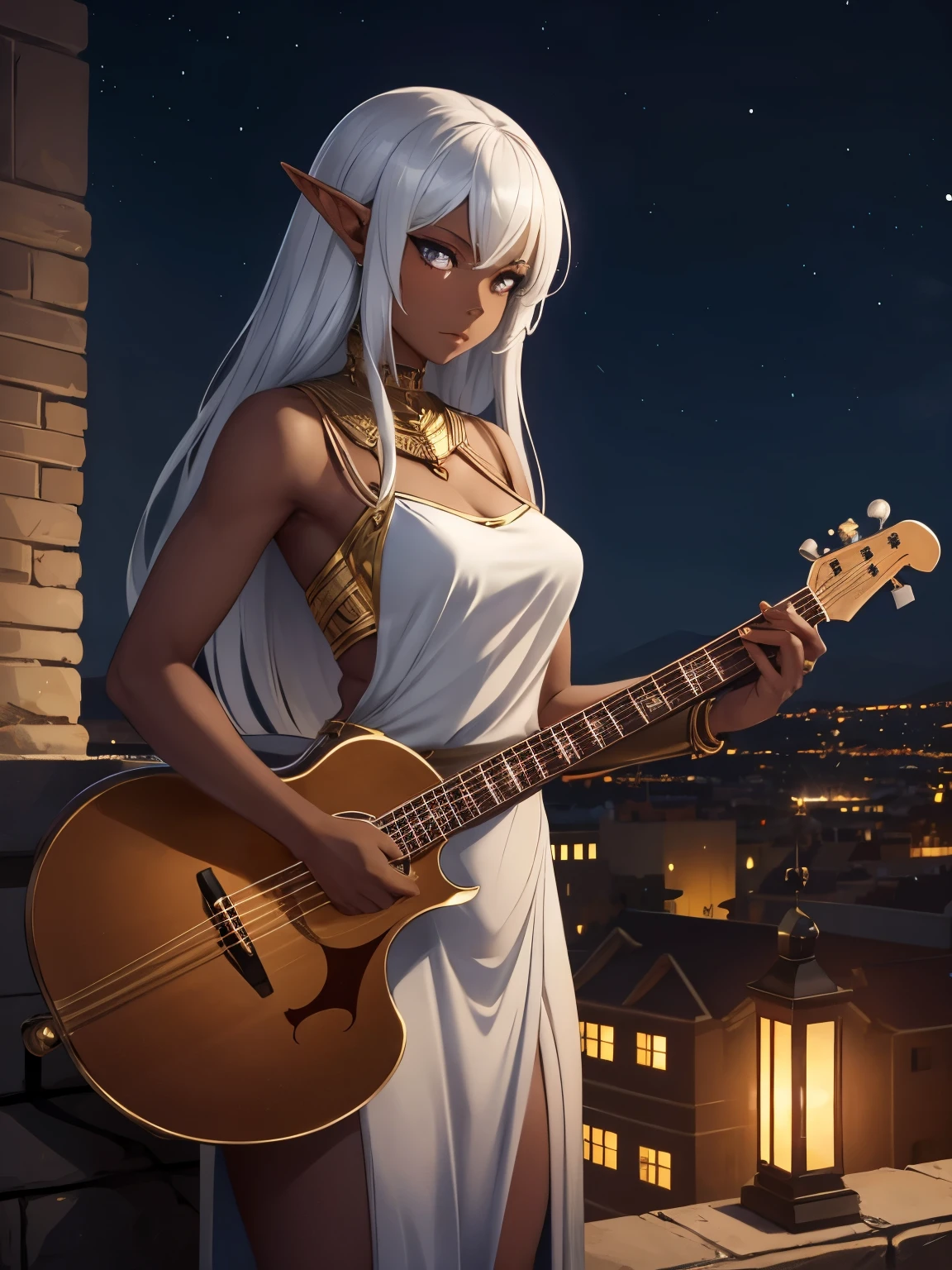 dark skin, elf girl, elegant silver dress, gold accessories, silver eyes, skinny body, night rooftop, medieval city, playing a heavy instrument
