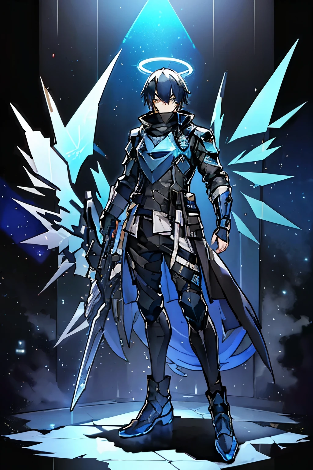 (masterpiece), best quality, solo, arknights design, arknights operator, (black hair, no facial hair), (blue eyes, sharp eyes), chainmail armor, chainmail, grey armor, knight, (sankta, blue glowing halo, blue halo, blue holographic angular shaped wings, blue holographic wings, angular wings, halo), (man, young man, boy, male, tall, lanky, tall man) menacing eyes, intimidating aura, vengeance, menacing glare, menacing stare, spear