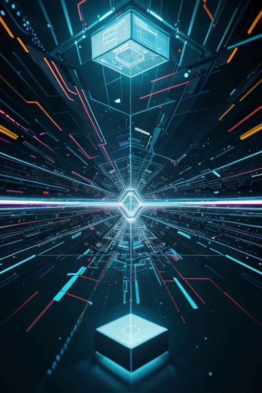 /imagine prompt: a landing page image of a web design agency website, image of a vibrant cube in the middle connected to laptop with a lot of lights sending everywhere abstract art representing data, immersed within a network, explosion of data fragments, detailed photo of virtual world, data holograms, large cyberarrays data holograms, surreal cyberspace, cybernetic webs, light blue neon virtual networks, cyber architecture, immersed within a glitch network