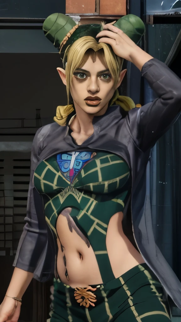 a close up of a woman in a green outfit holding a gun, in jojo\'s bizarre adventure, jojo anime style, posing as a jojo character, giorno giovanna, dio brando, gyro zeppeli, v from devil may cry as an elf, rogue anime girl, anime character; full body art, cammy, pin on anime, style of madhouse anime