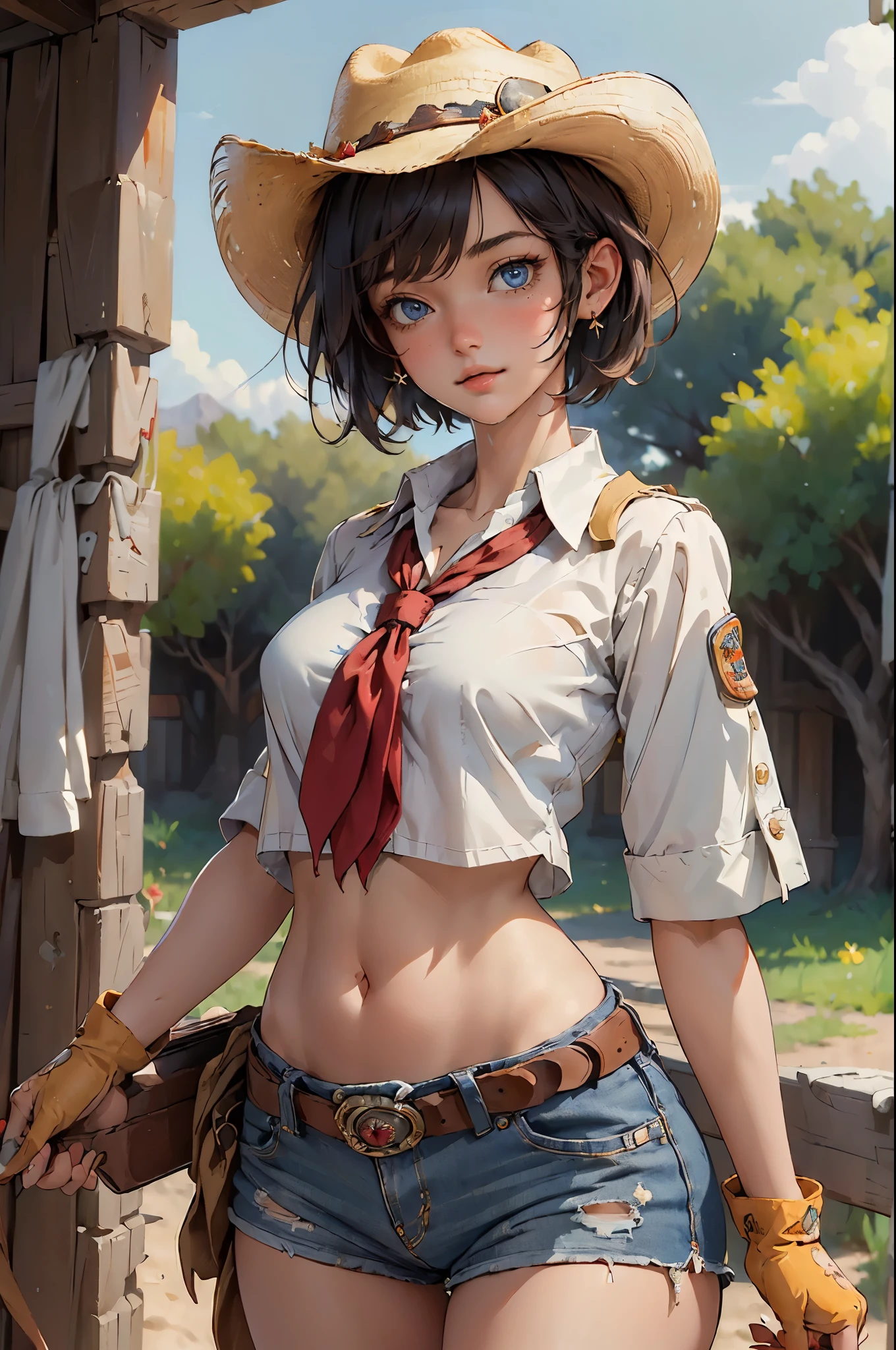 (((NSFW:1.6))),((Nude:1.6)))(((1 person:2.0))),(((naked:1.2))),(((brown gun belt:1.8))),((Brown cowboy hat)),((Wear a metal watch on your wrist:1.8))),(((Showing cleavage))),(((Exposed thin inner thighs))),(((Small breasts:1.5))),(((nakedの腕))),(((Her hair is brown))),((Blushed:1.2)), Beautiful detailed girl, Very detailed目と顔, 緻密でBeautiful Eyes, Very detailed, High resolution, Highest quality, masterpiece, Very detailed, 8k wallpaper, wonderful, finely, Highest quality, The light shines on your face,,(Standing in front of a wooden wall),Beautiful Eyes,((Engage your audience:1.2)),,Above the knee shot,((Are standing:1.2)),((Place your right hand on your chest:1.2))