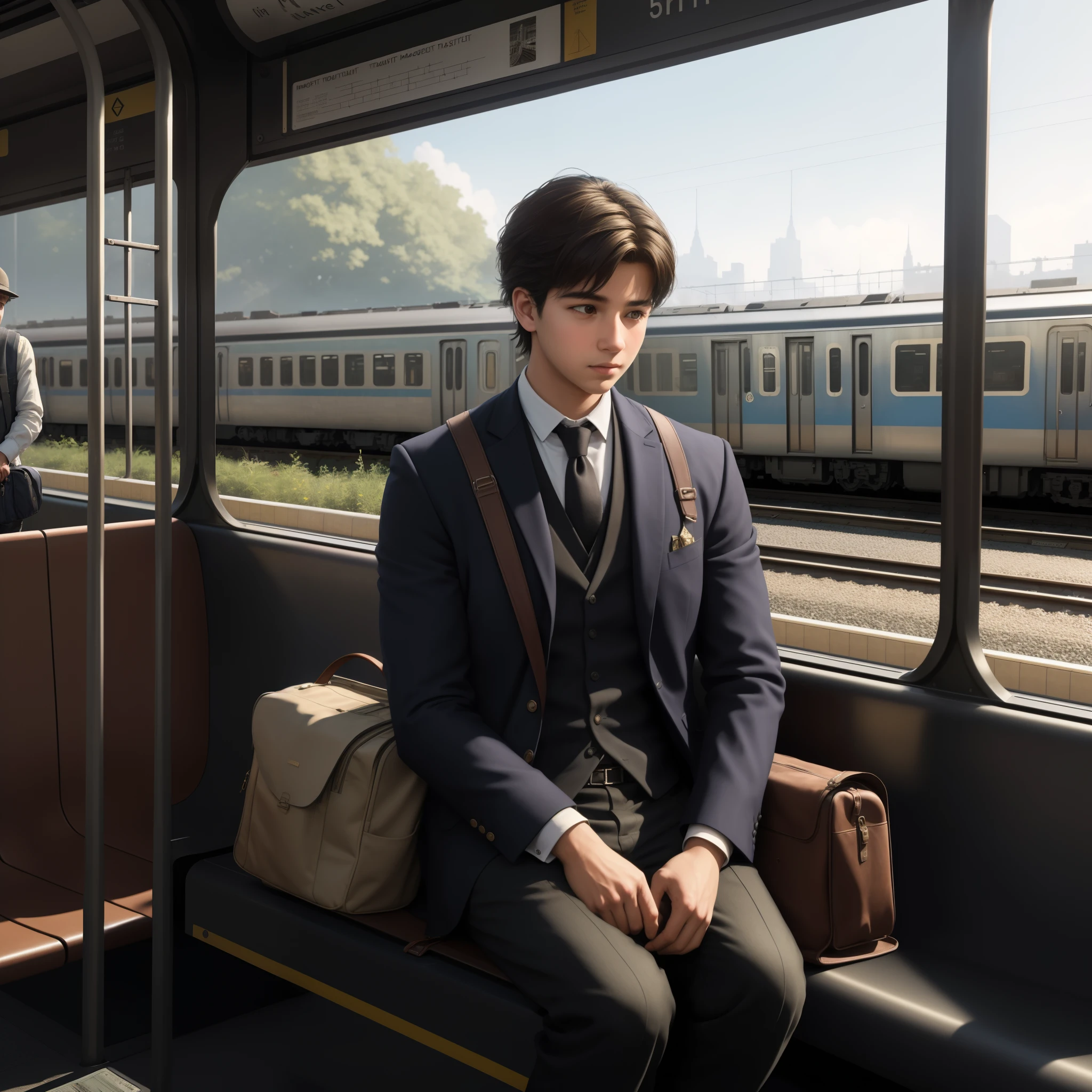 (masterpiece:1.5), (best quality), highly detailed, ultra-detailed, portraying a boy sitting on a bench at a train station holding a train ticket in his hand. Every detail of the boy, the bench, and the train ticket, as well as the station environment, should be carefully depicted to create a lifelike and immersive atmosphere. The boy's personality should be conveyed through his expression, posture, and clothing, and the train station should be rendered with the utmost attention to details such as light, shadow, and texture. The artwork should be visually stunning and emotionally resonant, capturing the sense of anticipation and adventure that comes with travel and exploration.