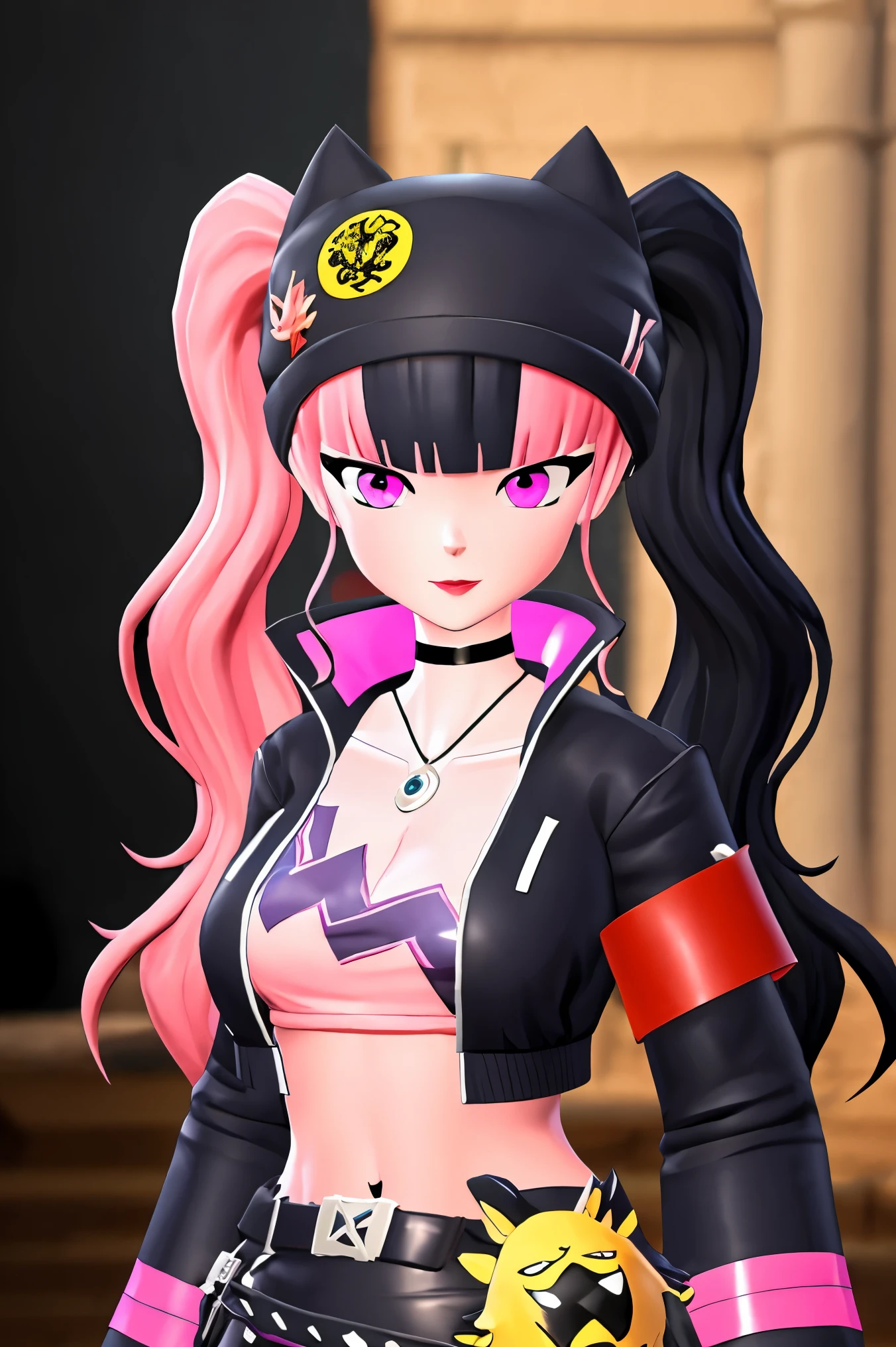 masterpiece, best quality,ZOE,1girl,jacket,multicolored hair,twintails,solo,black hair,black belt,black jacket,pink eyes,belt,hat,pink hair,choker,black choker,looking at viewer,crop top,jewelry,breasts,necklace,bangs,long hair,black headwear