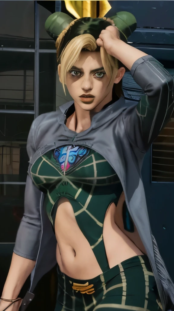 a close up of a woman in a green outfit holding a gun, in jojo\'s bizarre adventure, jojo anime style, posing as a jojo character, giorno giovanna, dio brando, gyro zeppeli, v from devil may cry as an elf, rogue anime girl, anime character; full body art, cammy, pin on anime, style of madhouse anime