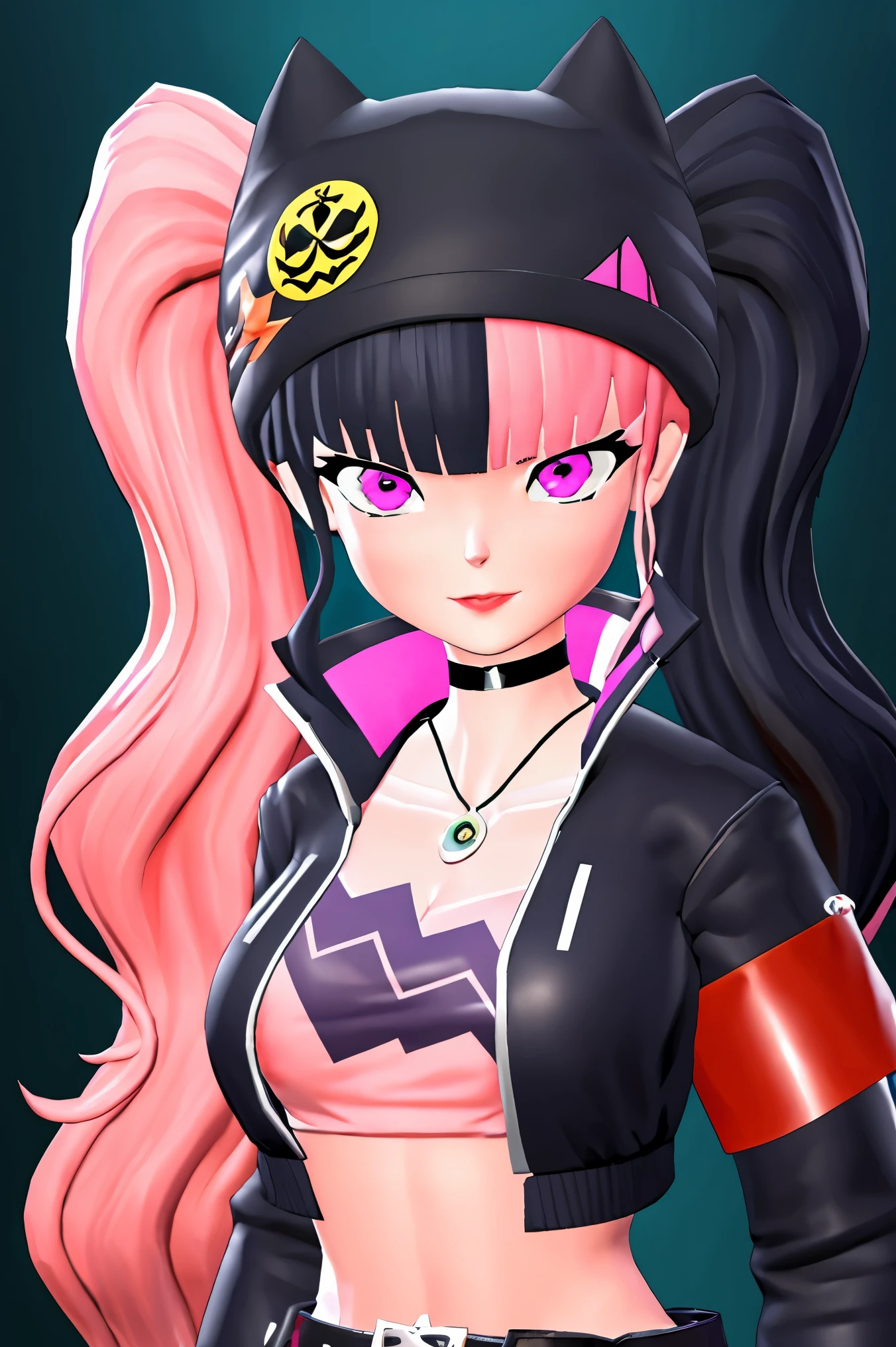 masterpiece, best quality,ZOE,1girl,jacket,multicolored hair,twintails,solo,black hair,black belt,black jacket,pink eyes,belt,hat,pink hair,choker,black choker,looking at viewer,crop top,jewelry,breasts,necklace,bangs,long hair,black headwear