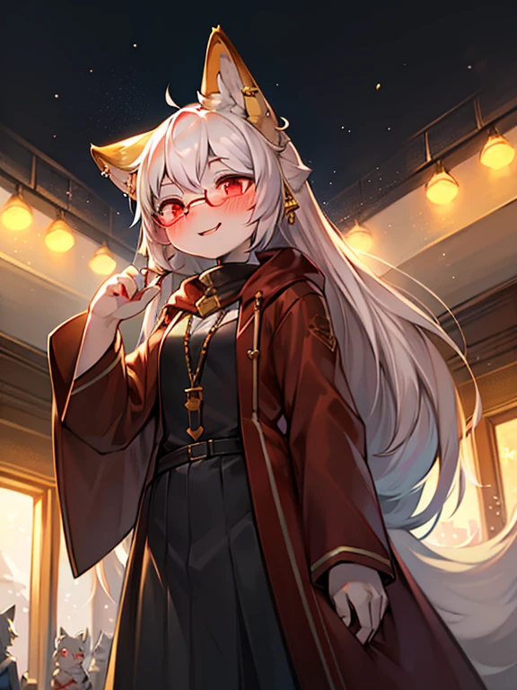 depth of field,The lighting is perfect,light particles,(best quality),(masterpiece),(Super detailed),sharp focus,light particles,Negi,Eyegod,blush blush,Red_Eye,watching_exist_audience,Smile,alone,hairy,animal_ear_fluff,Open_clothing,Full body female love,end,White coexist,Home,wears glasses,Sunlight,snow scene,close your mouth,from below,young people,Wear earrings