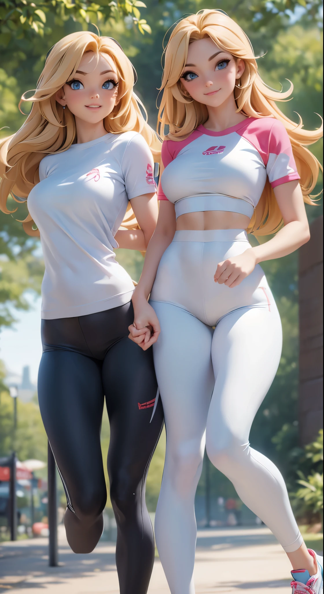 (best quality,4k,8k,highres,masterpiece:1.2),ultra-detailed,(realistic,photorealistic,photo-realistic:1.37),HDR,UHD,studio lighting,ultra-fine painting,sharp focus,physically-based rendering,extreme detail description,professional,vivid colors,bokeh,portraits

[Two women twins] in their early twenties, [thin and fit figures], are jogging in the park. They both have [blond hair] and [beautiful blue eyes] that sparkle in the sunlight. Their radiant smiles reveal [perfectly aligned white teeth]. As they run, their [long and toned legs] move gracefully, showcasing their determination and strength.

Both women wear [matching red and white blouses], which accentuate their youthful beauty. The fabric gently brushes against their skin with every step, adding a touch of elegance to their athletic appearance. Their outfits are completed with [comfortable sports pants] that allow them to move freely. Their [shoes] are specifically designed for running, providing support and cushioning to protect their feet.

The joggers follow a well-maintained [path], winding through the park, leading them towards their fitness goals. Many other people can be seen engaging in different activities, such as [families picnicking], [couples strolling hand in hand], and [children playing on the swings].

The artwork will be a [portrait] that portrays the beauty of these two identical twins. The emphasis will be on capturing their remarkable resemblance and the sense of harmony between them. The colors will be vibrant and lively, highlighting their youthful energy and zest for life. The lighting will be carefully composed, accentuating their features and bringing out the best in their appearance.

The final masterpiece will be a celebration of youth, health, and the special bond between siblings. It will serve as a reminder to cherish the moments of togetherness and the joy of pursuing a healthy lifestyle.