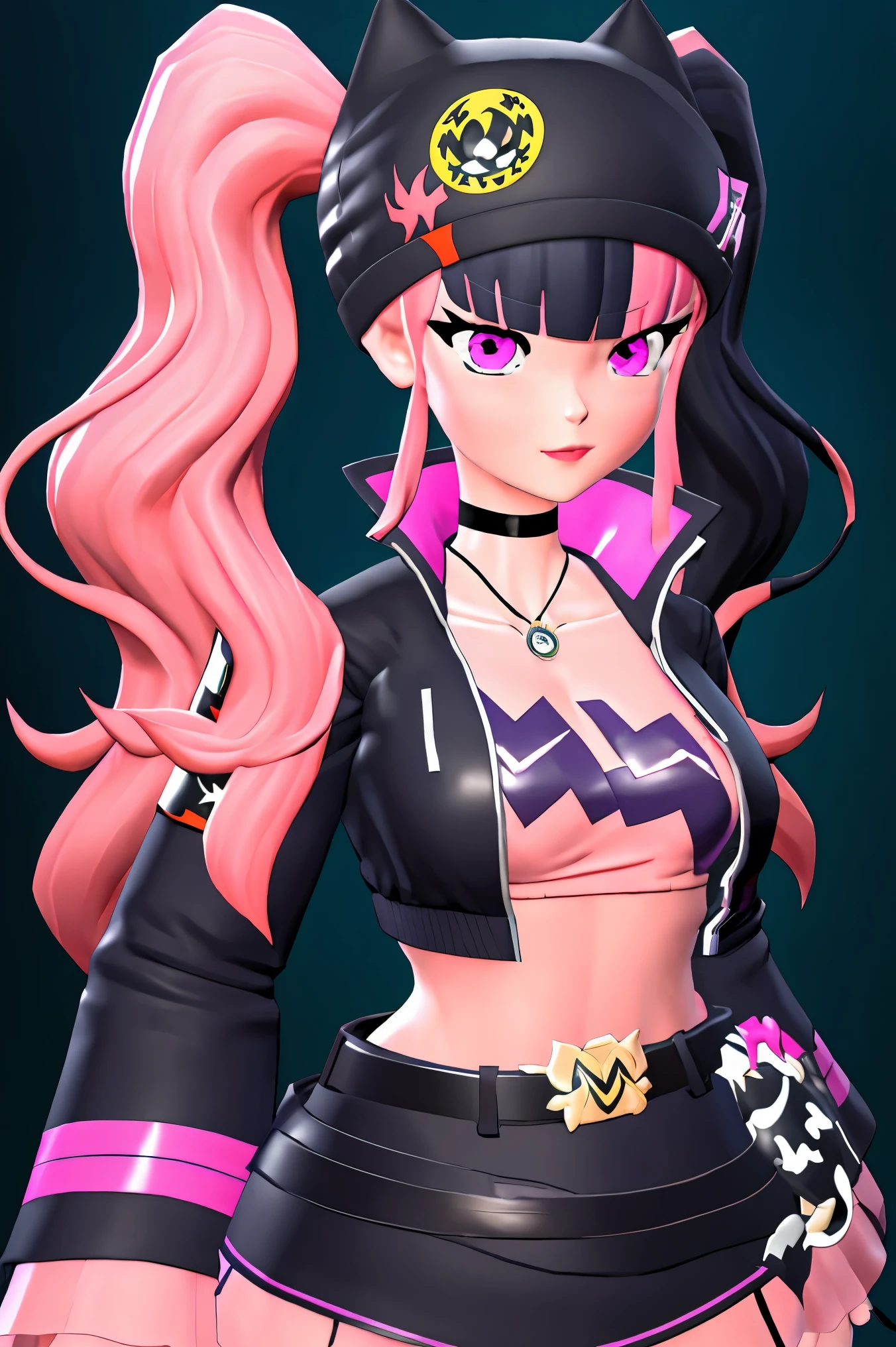 masterpiece, best quality,ZOE,1girl,jacket,multicolored hair,twintails,solo,black hair,black belt,black jacket,pink eyes,belt,hat,pink hair,choker,black choker,looking at viewer,crop top,jewelry,breasts,necklace,bangs,long hair,black headwear