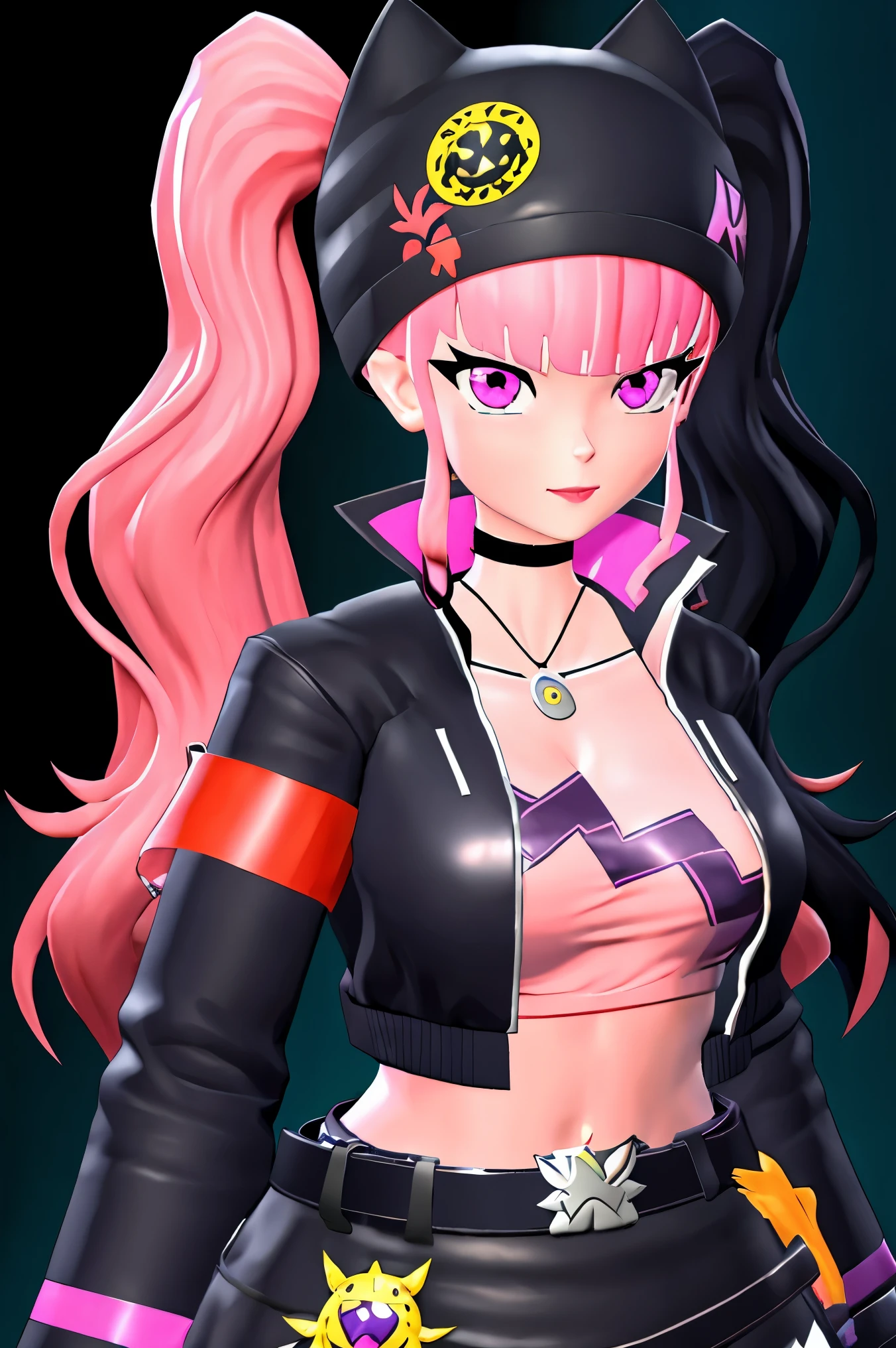 masterpiece, best quality,ZOE,1girl,jacket,multicolored hair,twintails,solo,black hair,black belt,black jacket,pink eyes,belt,hat,pink hair,choker,black choker,looking at viewer,crop top,jewelry,breasts,necklace,bangs,long hair,black headwear