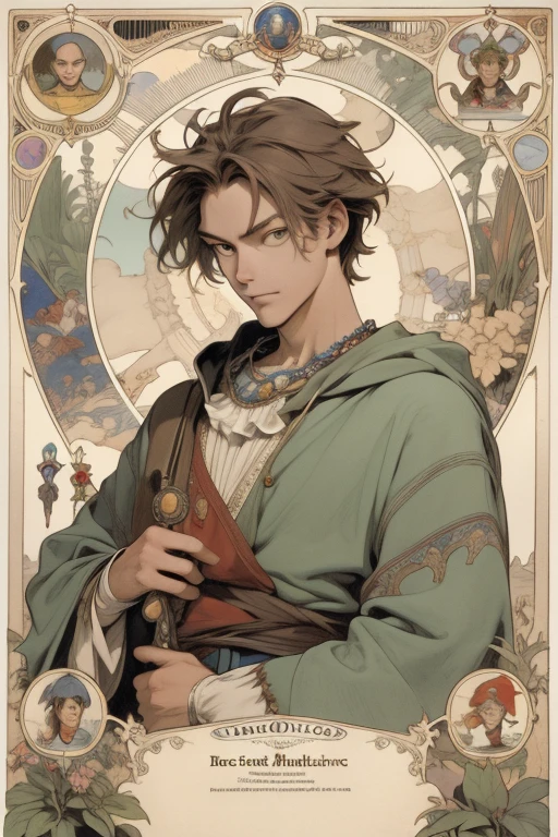 (disorganized, High resolution, Super detailed), 1 male, adult, good looking, tall and muscular man, broad shoulders, small eyes and small face, the fool \tarot\, bard, clown, symbolism, visual art, occult, IWC, vision casting, philosophical, iconography, number arcane, popularity, Artistic, Alphonse Mucha