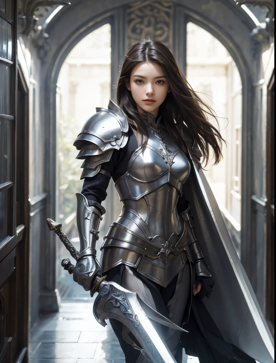 Upper body close-up image. A beautiful woman holds a long sword in both hands and looks at the camera. She wears beautiful silver-white armor. She is standing in the palace corridor.