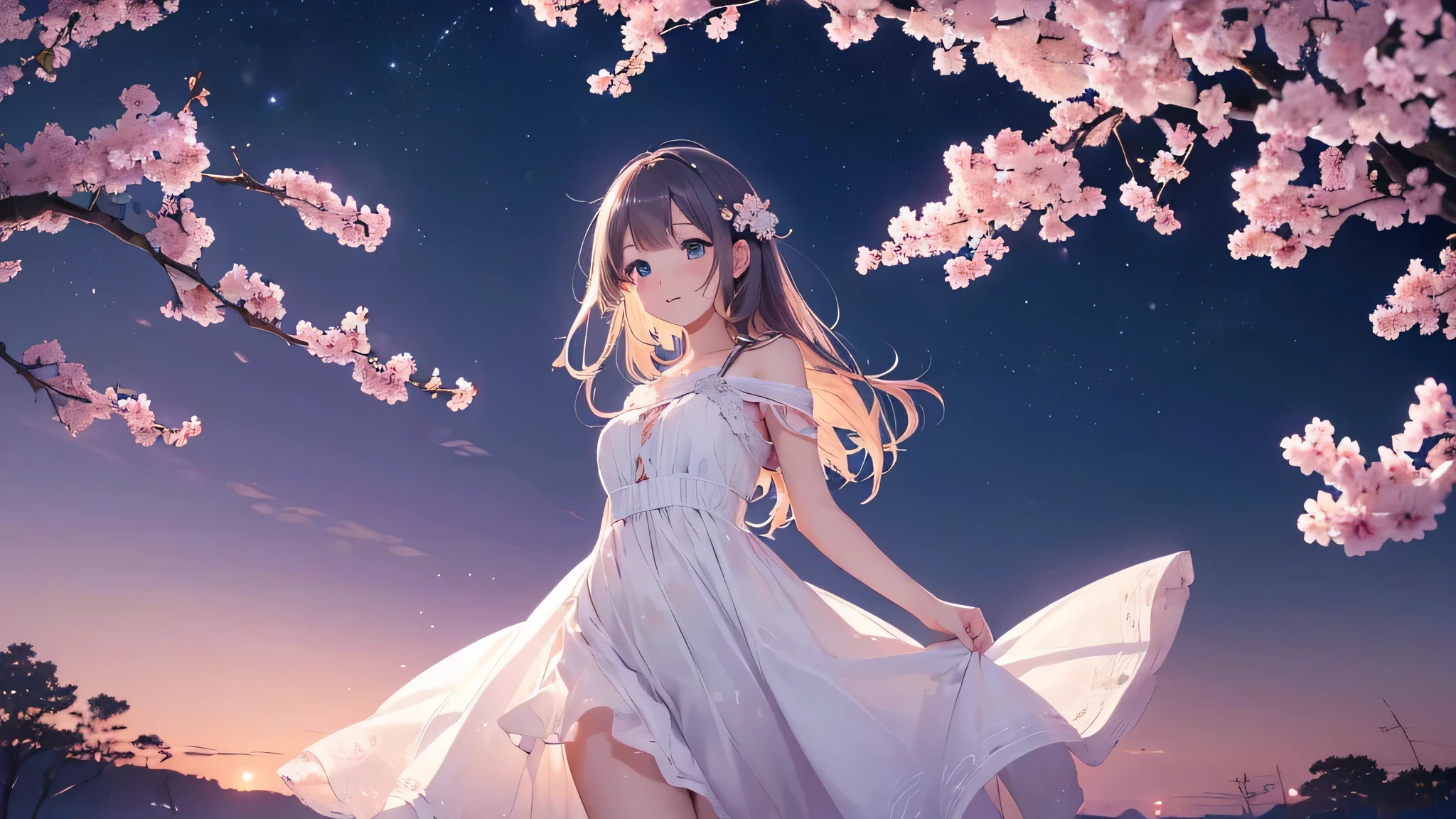 (best quality, high resolution, super detailed, actual:1.37), moonlit sky, vast atmosphere, Cherry blossoms, ethereal, picturesque, serene, soft light, pastel colors,moon,A girl in a white dress stands in the center