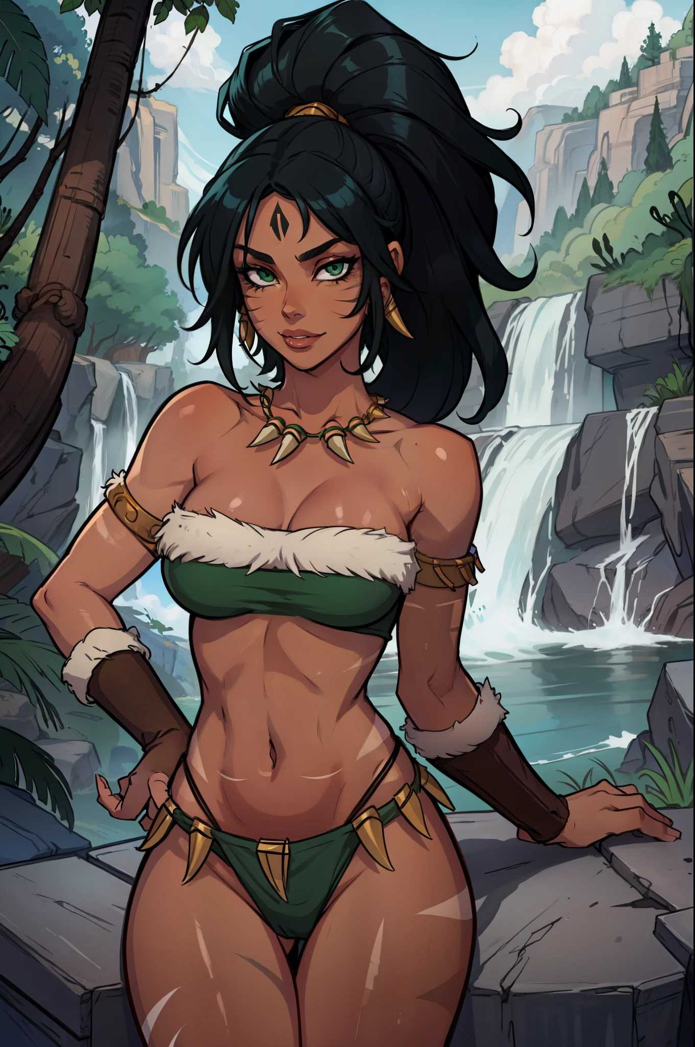 jungle, nidalee, league of legends, absurdres, highres, cowboy shot, 1girl, bare shoulders, body markings, black hair, facial mark, fingernails, fur trim, green gem in forehead, green eyes, jewelry, long hair, necklace, ponytail, solo, tooth necklace, very long hair, hairband, master piece, best quality, portrait, beautiful face, dark skin, face close-up