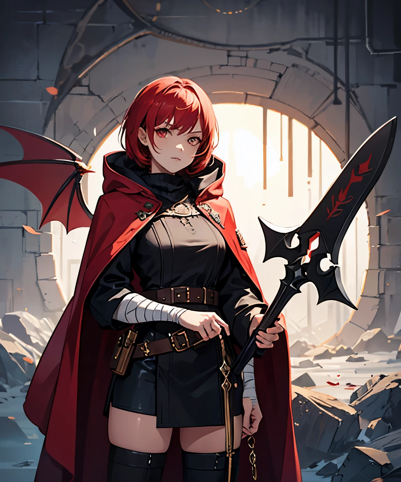 Final Fantasy style, pixelated, character, cartoon, a berserker half-vampire woman, RPG character, legendary heroine, 2D isometric game art, masterpiece, super detail, digital quality at best, red hair, short hair, black cape and hood, red eye, bandage and bandages on face, tanned skin, red bat wings, pointed ears, holding an ax