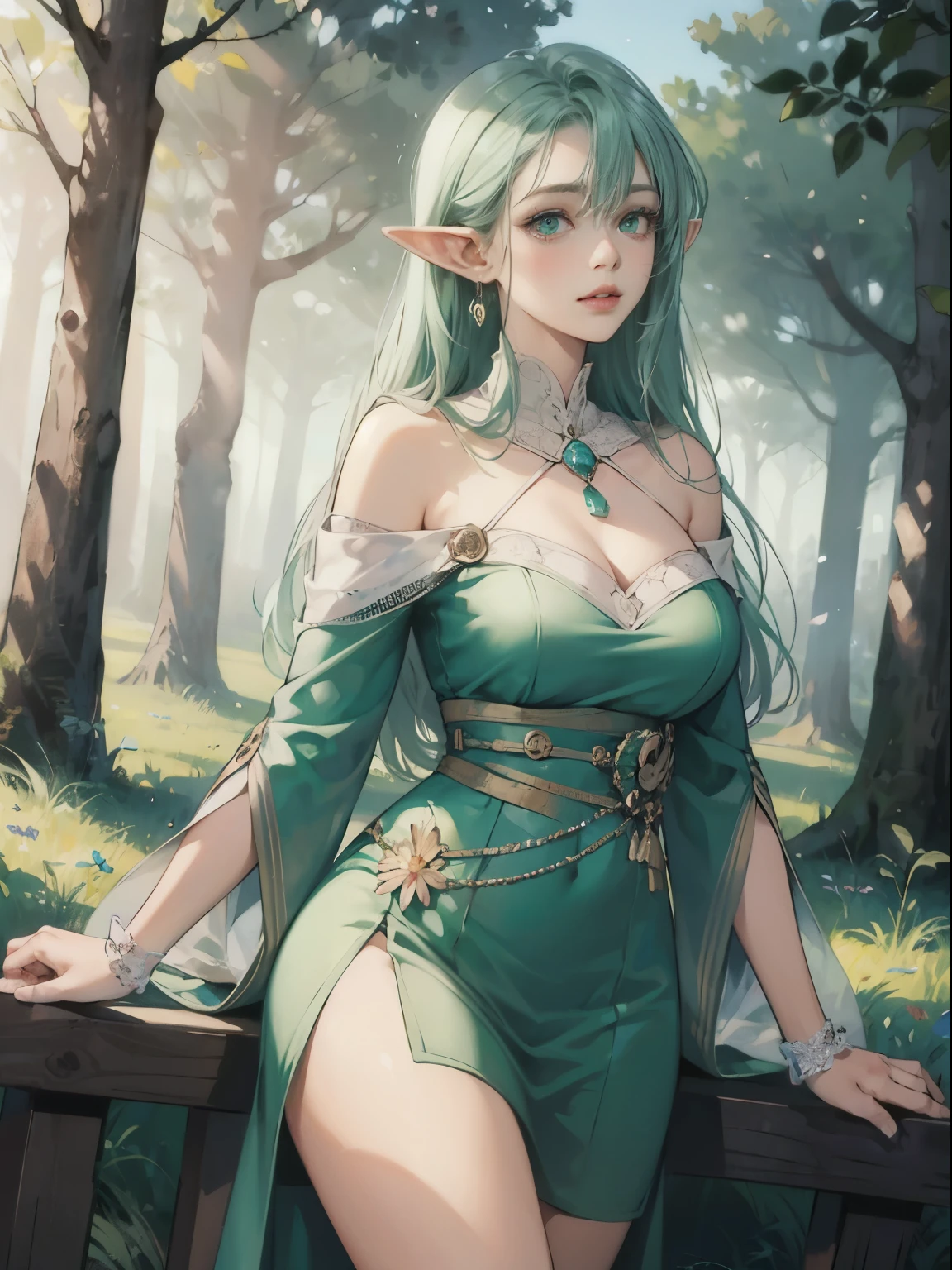 (Masterpiece) best quality, expressive green eyes, perfect round face, thin lips, elf ears, big breasts, green dress, jewelry, magic user, magical forest background