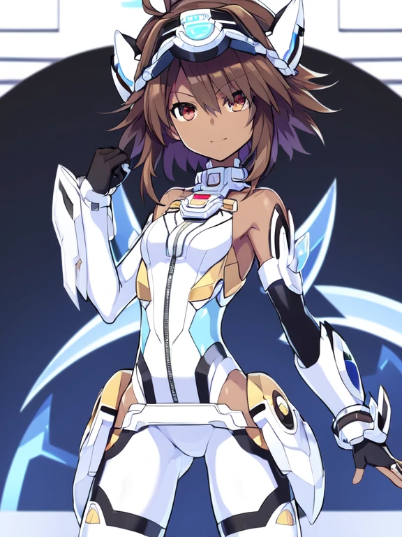 Masterpiece, highly detailed, ultra quality, ultra high .res, amazing quality, superior quality, glowing, date a live, xenosaga, Hyperdimension Neptunia white heart, no game no life, flat chested, (male), (9 year old boy), otokonoko, (((Dark skin))), cute, big innocent ruby red eye's, (dark brown hair), (white Mechanical exoskeleton), ((mecha_musume)),short hair,(((white elbow gloves))),((black bodysuit)),(floating_armor), black pants leggings, zoom in, close up, pose, adorable smile, adorable, visor 