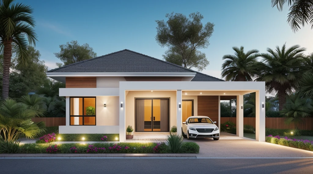 Ultra-realistic 8k, hd image quality, sharp detail, 2-story modern house, main materials: white walls, wooden ceiling accents, large glass windows, roads, cars, sidewalks, American Palm trees high, has a small alley, located in a residential area, modern style, shimmering sky, sunset light, feels peaceful, beautiful, close and warm, ((Warm light from indoor:1.3)), (daylight:1.2), perfect lighting,dynamic light,2 large glass doors,(((1 large glass window:1.3))), (night light), (colorful flowers in front of the house)