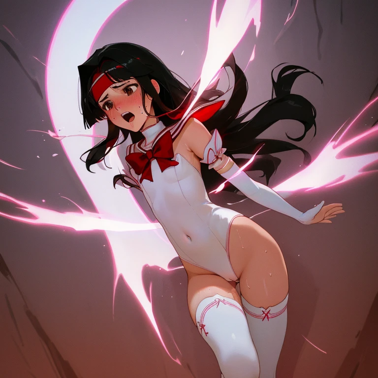 {{{{amazing quality, great quality, high quality, very aesthetic, aesthetic, best quality}}}},
realistic, photo, shadow, Three-dimensional, absurdres, Digital art,
{{{{Magical girl}}}}, beautiful girl, one girl,
black hair, long hair, straight hair, trimmed hair, shiny hair, blunt bangs, short sideburns,
brown eyes, tareme,
{{flat chest}}, {{small breasts}}, {{detailed body}}, slim thighs, thin thighs,
{{white leotard}, {leotard peek}}, {{pink sailor collar}}, {{pink elbow_gloves}}, {{red boots}},
ribbon trim, red bow tie, heart brooch, thigh strap, white headband, white circlet, white cloak,
{{both shoulders expose}}, {{covered navel}},
{{magic circle}}, distress, resistance, defeat, sexual pleasure, troubled face,
orgasm, Screaming, sensitive body, Sweat, trembling, enemies, attack, touch, caress, fondles, breast grab, grabbing another's breast, crotch grab, fuck,