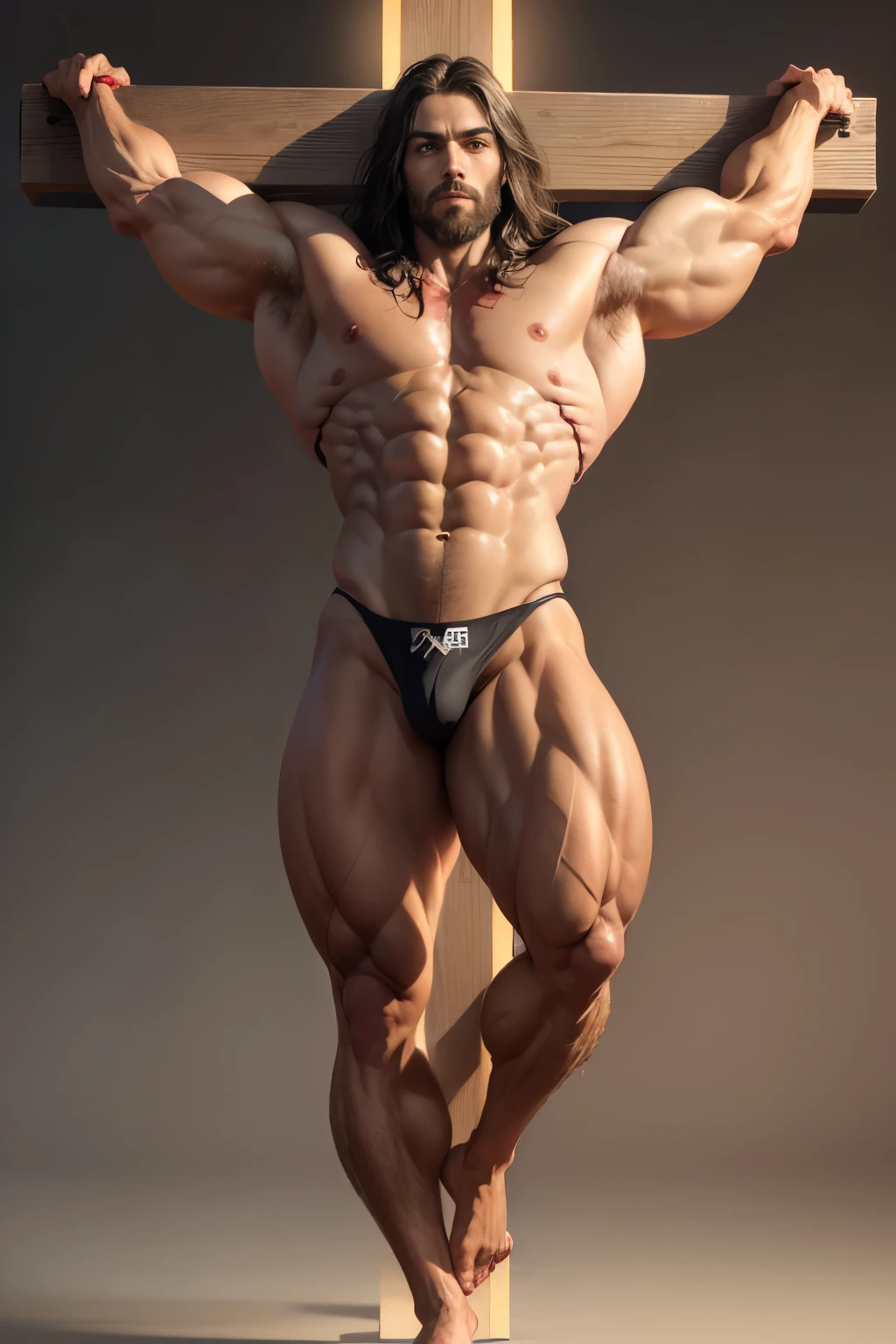 (((Jesus Christ, cross, crucifixion, hanging on the cross, bloody body, bloodshed))), (arms open straight and diagonally upward, straighten both legs together, clenching hands), (((((bodybuilder))))), a cute boy, 20 years old handsome boy, ((black bikini brief)), (((very muscular body, vascularity, veins))), upper-body portrait, upper-body Image, real man, (barefeet, barefoot), abnormally developed muscles, very simple background, ((color Image)) masterpiece, best quality, high resolution