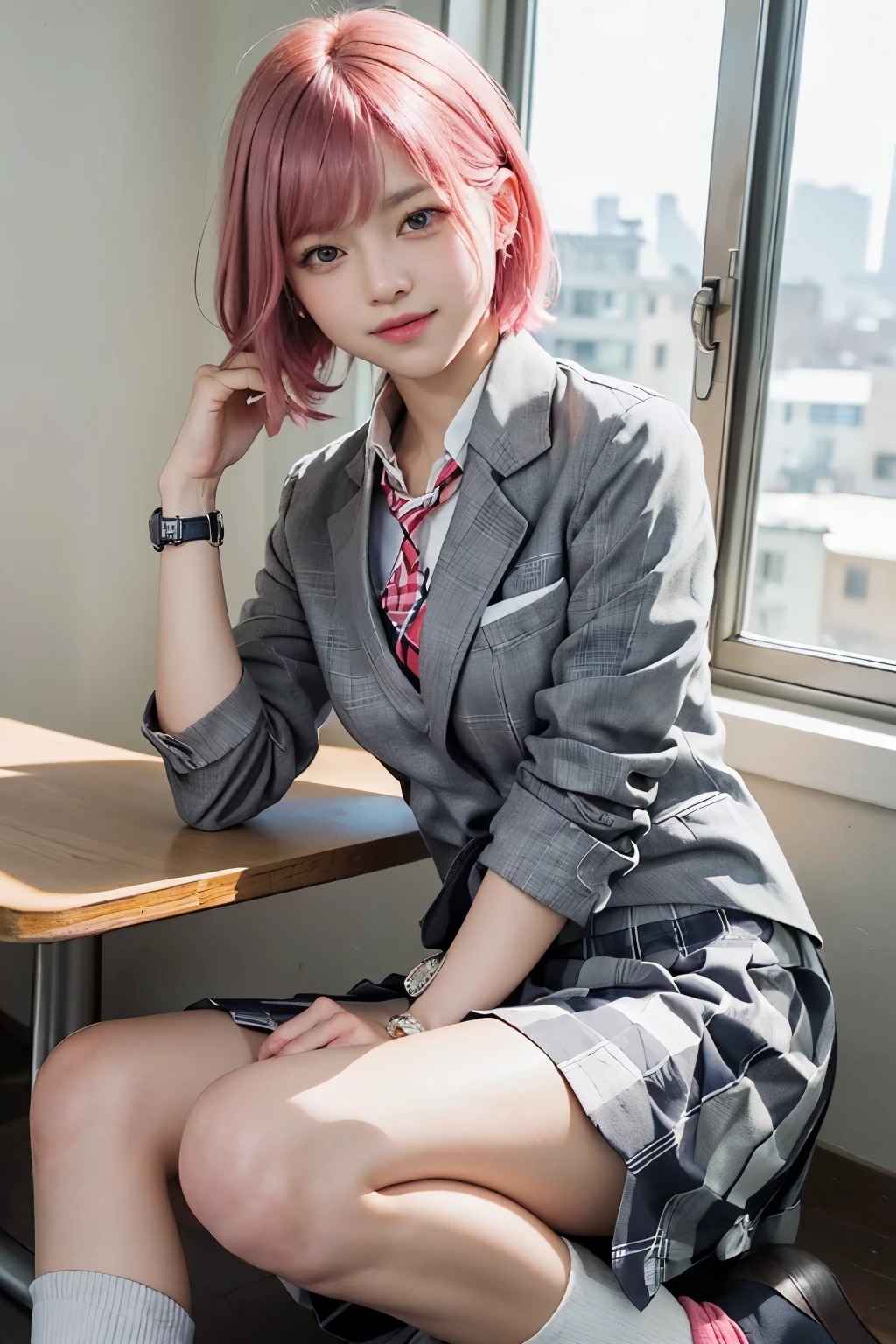 (8K, top-quality, masterpiece:1,2), (reallistic, Photorealsitic:1.37), Super Detail, One girl,), (Highly detailed), (beautifully detailed eyes), (of the highest quality), (super detailed ), (masterpiece), (Detailed face),20yr old, ,1 girl, ((pink hair,Very short hair)), medium breasts, clothed, Perfect Lighting, BREAK (navy blazer:1.3), (white blouse:1.3), (red and white checkered tie:1.4), (gray long skirt:1.5), (A-line silhouette:1.2), (school emblem:1.2), (pocket:1.2), (white low socks:1.3), (black loafers:1.3), (silver watch:1.2), BREAK bangs on the left side, smiling, eyes looking at the camera, mouth slightly open, right hand on the hip, left hand behind the head, elbow bent, school classroom, blackboard with math problems, sunset through the window, soft light on the face, vivid colors on the hair and clothes, dark background, upper body to the knees