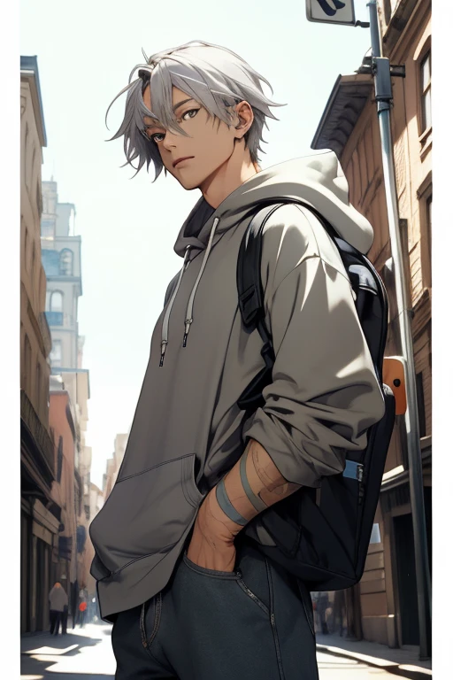 (disorganized, High resolution, Super detailed), 1 male, adult, good looking, tall and muscular man, broad shoulders, small eyes and small face, the fool \tarot\, bard, clown, symbolism, visual art, occult, IWC, vision casting, philosophical, iconography, number arcane, popularity, Artistic, alphonse mucha hoodie、silver hair、big eyes、street、Modern style、city