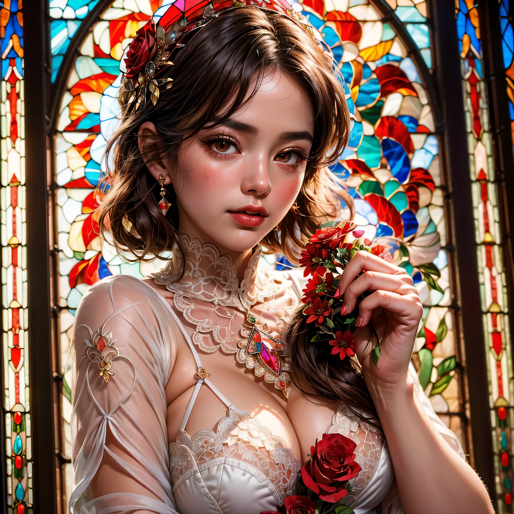 (Masterpiece: 1.2), (Super detailed: 1.35), (Realistic, Photorealistic, ((Photorealistic: 1.37)), 1girl, Sexy girl in delicate lace white underwear, ((Accurate anatomy Gaku's body and hands)), ((4 fingers and 1 thumb)), glossy red lips, (exposure: 1.2), nipples, close-up of cute lips, dynamic angle, ((dazzling stained glass background)), (( Colorful light shines through the stunning elaborate stained glass:1.2)), bright red color. Highly detailed cute face, beautifully detailed eyes, long eyelashes, subtle blush on the face, Rosy cheeks, impeccable oily ivory skin texture, flowers covering the girl's body, a mysterious sight,
