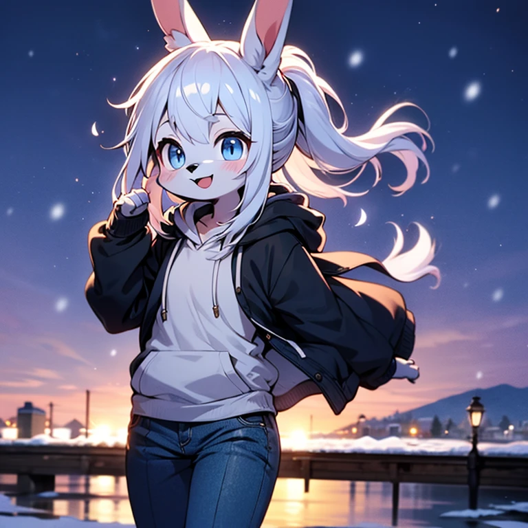 (masterpiece, highest quality), intricate details, 8K, Bunny ears, whole body, boy, blue eyes, cool, Normal body type, night, ponytail, anime, tall, gray hair, snowfield, 10th generation, the wind is blowing to the right, Mofumofuno, Hair is fluttering, black hoodie and blue pants, smile, white furry, 1 person, in the middle, It's sharp