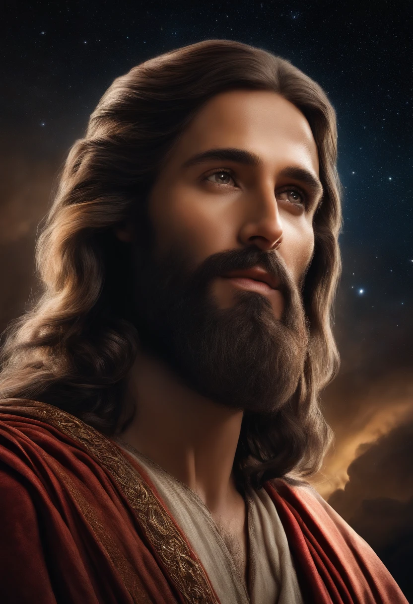 Generate a manga-style drawing-style image of Jesus.The paradise of the celestial background , olhando para frente .com cabelos pretos e curtos e sem barba, ((sem barba)), ((DOES NOT HAVE A BEARD)),  ((cabelos curtos)), cabelos curtos, cabelos pretos,((cabelos curtos)), His eyes are kind and expressive,, garanta que a imagem seja de alta qualidade e rica em detalhes, capturing the essence of Jesus , pele altamente detalhada: 1,2 8k uhd , 20MP, Fujifilm XT3, 80mm, sentado em um tapete com um fundo de estrelas e nebulosas, Facing the camera, foto ultra realista, UHD, ..3d, 8kK