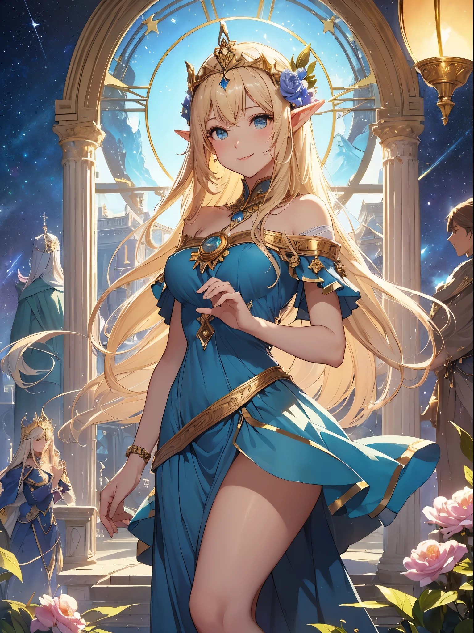highest quality、Highest image quality、masterpiece、Super beautiful elf beauty from behind((22 years old OL big bust、bust 90,beautiful long ironed hair、blonde、globe、、slender、Close-up、Esbian、beautiful tiara、High quality、beautiful art、background((starry ski)))muste piece、visual art、Depth of bounds written、low angle of morning sky、、elf ears、、magic of light、space knight、harp melody🎵、A happy smile、gentle light、、Beautiful legs that are gentle on the skin、、、Number of fingers to achieve precise finger movements、ticker beautiful decorative、elegant、mystical　rosa、　heaven、marble columns, beautiful dressy、blue dress、magnificent marble dome、giant galaxy、religious painting、embrace the earth、temple of time、great watch、hourglass、sundial、moment of creation！myth、alphonse mucha art、art nouveau、ancient greece、Rome、byzantine art、gold foil、Raphael&#39;s paintings、renaissance art、Lord of the Ring、sexy、friendly smile、fairy forest、Summer Forest、massive trees、many branches and leaves