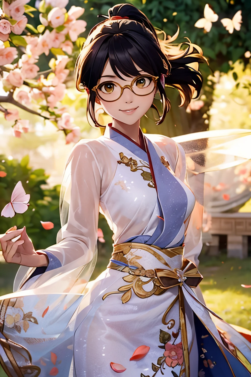 Wide shot, Beautiful girl, black hair in a ponytail, bangs, a hair accessory, wearing glasses, a bright smile, small breasts, a slim waist, (wearing a hanfu ((see-through)) with many layers of intricate details (light yellow)) , Dresses fluttering in the wind, seductive dances, the backdrop is an island with only peach trees in full bloom, many peach petals fluttering, morning light, anime, high quality
