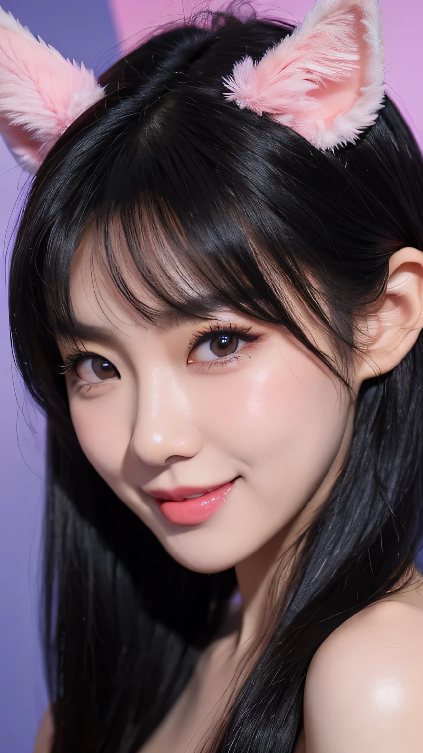 black hair, Hairball, Vince, long eyelashes, solid round eyes, fake animal ears, faint smile, red ears, direction, Surrealism, shadow, relief, Stereo view, vertical painting, Throw, atmospheric perspective, 8k, Super details, precise, best quality