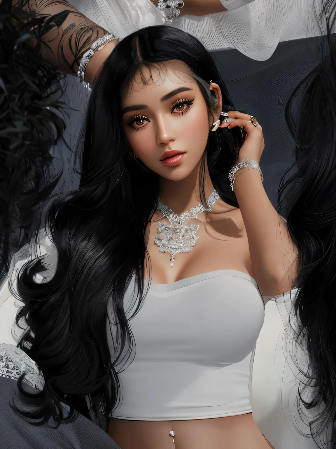 there is a woman with long black hair and a white top, detailed long black hair, (((intricate))), imvu, daz. detailed, inspired by Lily Delissa Joseph, in style of wlop, icy, in style of digital illustration, detailed realistic expressions, intricate wlop, glamor profile pose, ethereal!!! ultra realistic, ☁🌪🌙👩🏾