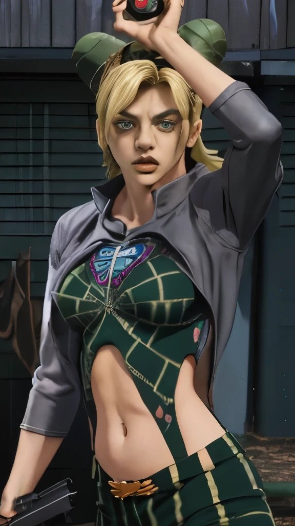 a close up of a woman in a green outfit holding a gun, in jojo\'s bizarre adventure, jojo anime style, posing as a jojo character, giorno giovanna, dio brando, gyro zeppeli, v from devil may cry as an elf, rogue anime girl, anime character; full body art, cammy, pin on anime, style of madhouse anime