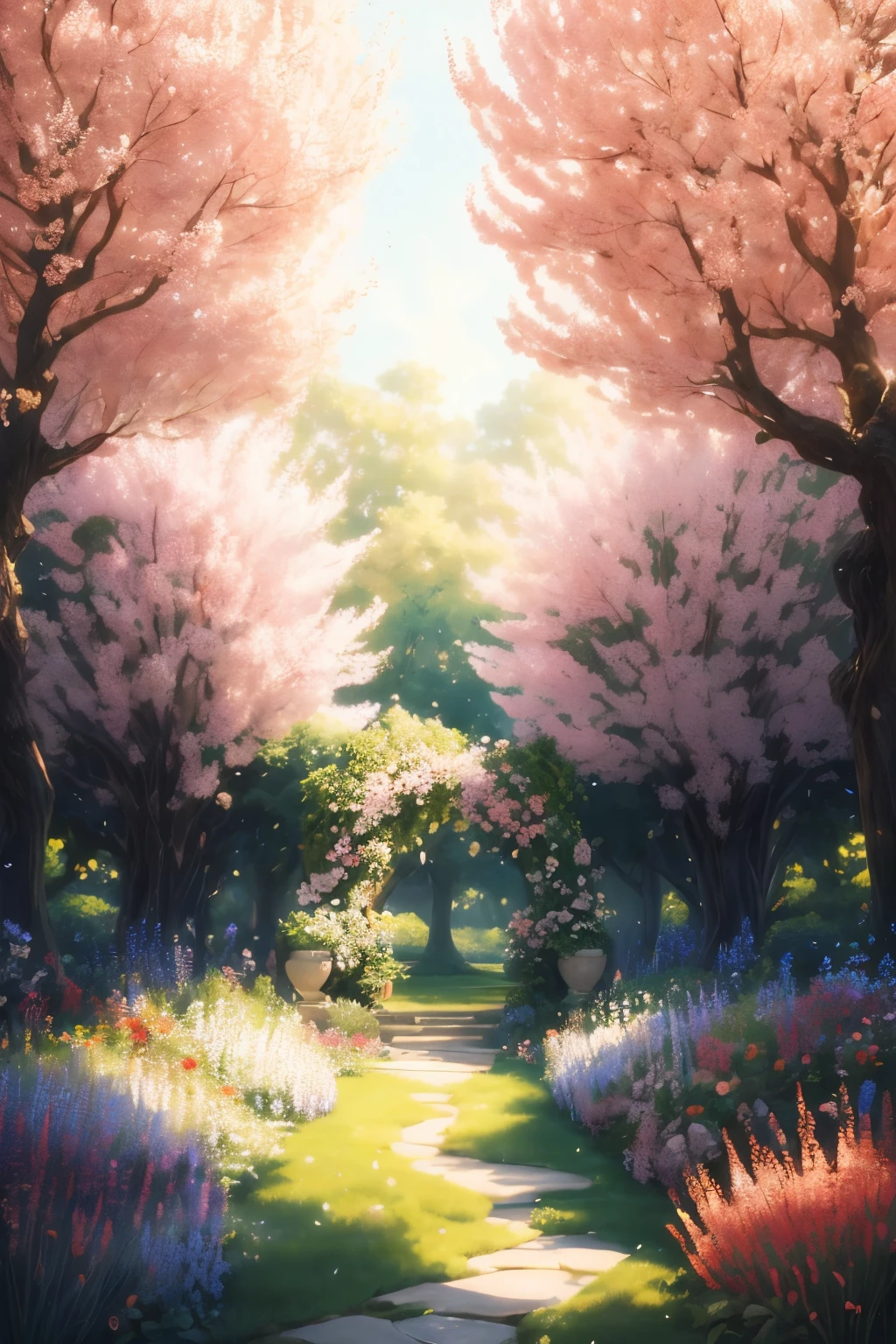 A garden filled with vibrant flowers and lush green leaves, with pink blossoms in full bloom. The flowers emit a gentle glow, resembling sparkling sparks of fire. The scene is devoid of any human presence, allowing nature to take center stage. A delicate butterfly gracefully dances among the flowers, adding a touch of whimsy to the outdoor scenery. The air is filled with a calming breeze, rustling the leaves and creating a serene atmosphere. The landscape is a harmonious blend of various plants, creating a picturesque view. The sky above is clear and vast, offering a beautiful backdrop to the vibrant flora. The focus of the artwork is on capturing the intricate details of each element, from the petals of the flowers to the veins of the leaves. The illustration style adds depth and richness to the image, making it a masterpiece. The artwork is of the highest quality, with a resolution of 4K or 8K, showcasing ultra-detailed features. The colors are vivid and vibrant, enhancing the beauty of the scene. The overall lighting is soft and natural, accentuating the delicate beauty of the flowers and plants.
