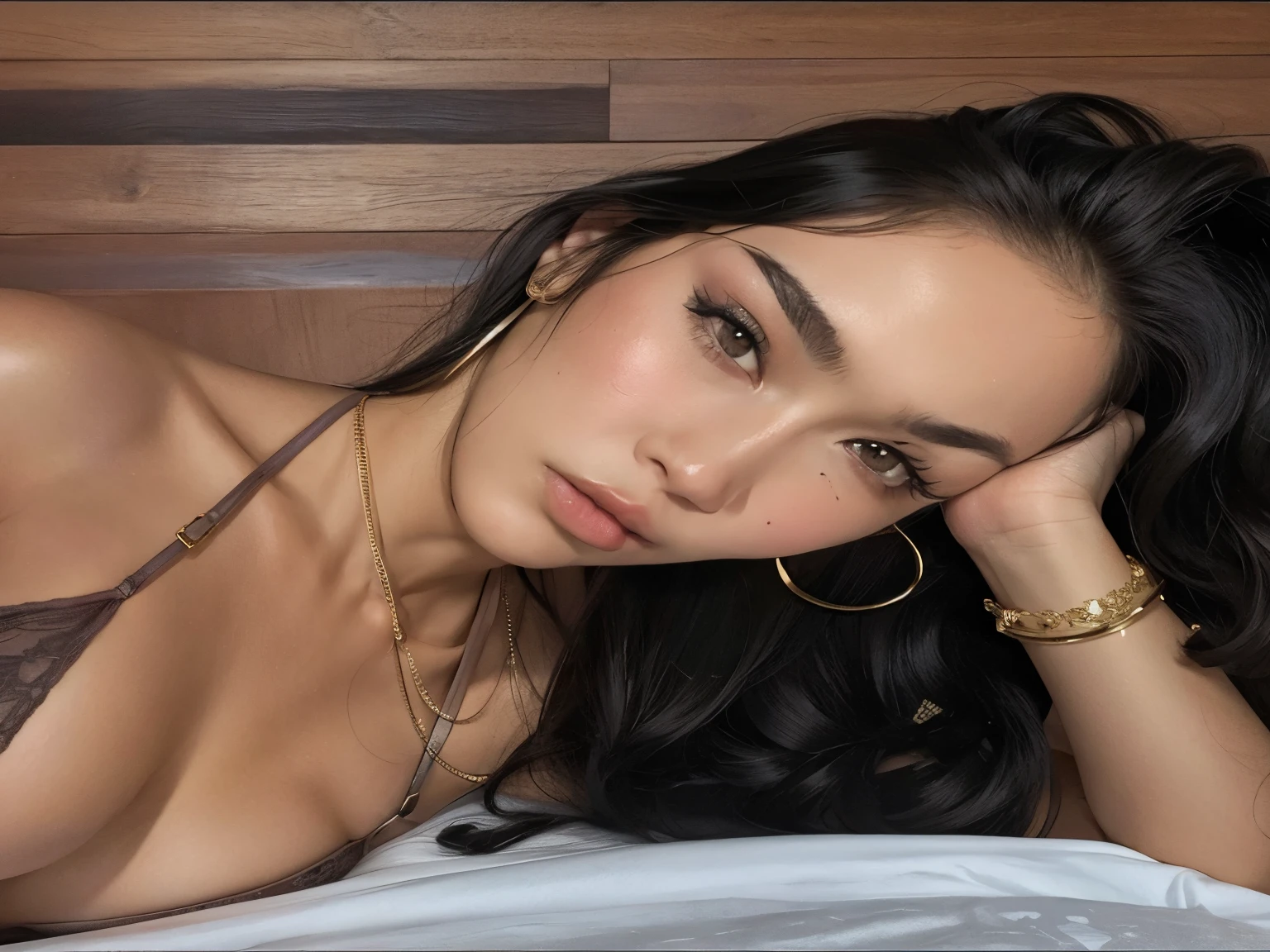 there is a woman lying on a bed wearing a brown bra, hermosa cara latina, piel de oliva perfecta, Retrato de Sophie Mudd, violeta myers, cerveza madison, imagen filtrada, asian guy, Piel aceituna, 18 years, se parece a laura barriales, natasha tan maciej kuciara, an asian woman, bella poarch, gemma chen, Dua Lipa