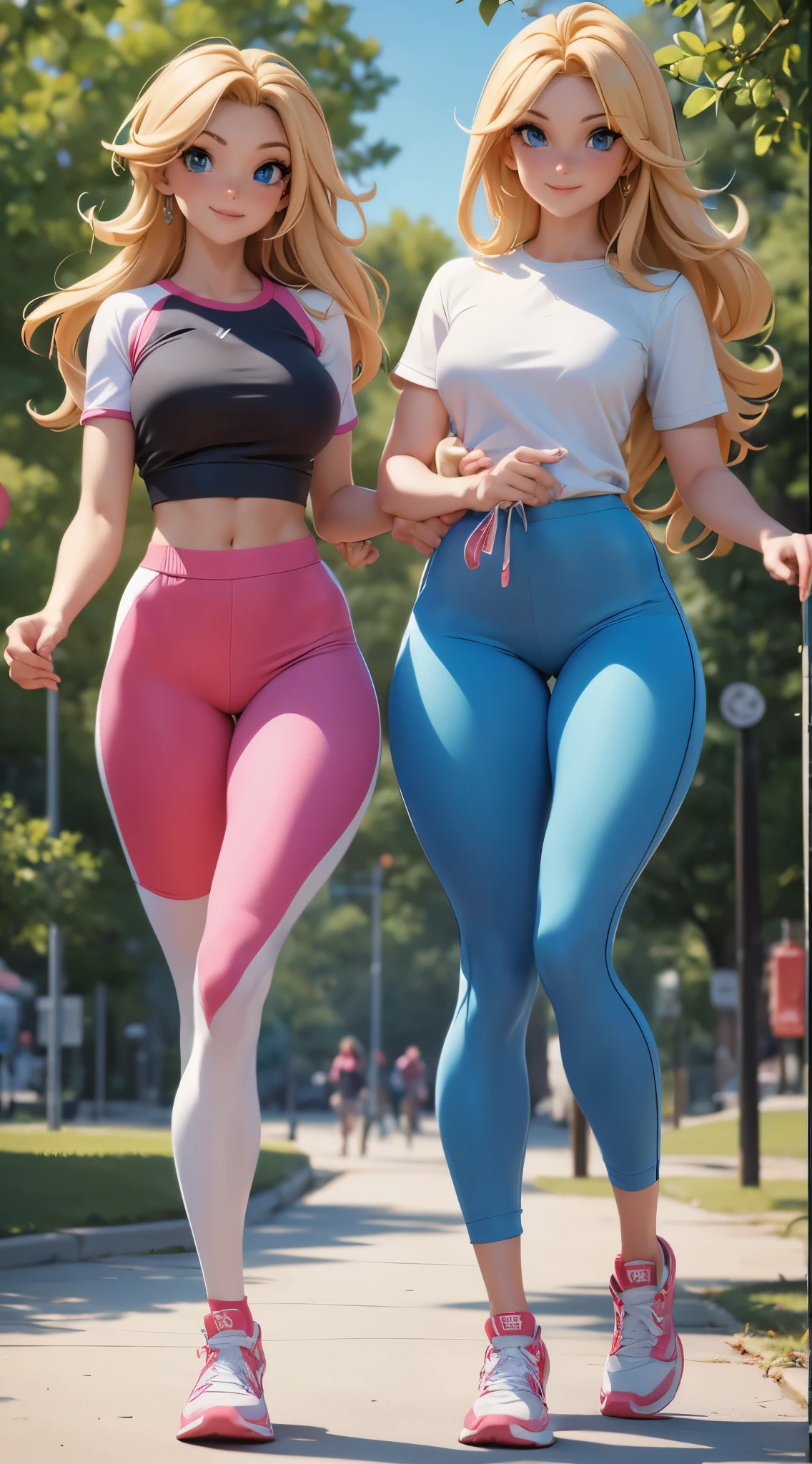 (best quality,4k,8k,highres,masterpiece:1.2),ultra-detailed,(realistic,photorealistic,photo-realistic:1.37),HDR,UHD,studio lighting,ultra-fine painting,sharp focus,physically-based rendering,extreme detail description,professional,vivid colors,bokeh,portraits

[Two women twins] in their early twenties, [thin and fit figures], are jogging in the park. They both have [blond hair] and [beautiful blue eyes] that sparkle in the sunlight. Their radiant smiles reveal [perfectly aligned white teeth]. As they run, their [long and toned legs] move gracefully, showcasing their determination and strength.

Both women wear [matching red and white blouses], which accentuate their youthful beauty. The fabric gently brushes against their skin with every step, adding a touch of elegance to their athletic appearance. Their outfits are completed with [comfortable sports pants] that allow them to move freely. Their [shoes] are specifically designed for running, providing support and cushioning to protect their feet.

The joggers follow a well-maintained [path], winding through the park, leading them towards their fitness goals. Many other people can be seen engaging in different activities, such as [families picnicking], [couples strolling hand in hand], and [children playing on the swings].

The artwork will be a [portrait] that portrays the beauty of these two identical twins. The emphasis will be on capturing their remarkable resemblance and the sense of harmony between them. The colors will be vibrant and lively, highlighting their youthful energy and zest for life. The lighting will be carefully composed, accentuating their features and bringing out the best in their appearance.

The final masterpiece will be a celebration of youth, health, and the special bond between siblings. It will serve as a reminder to cherish the moments of togetherness and the joy of pursuing a healthy lifestyle.