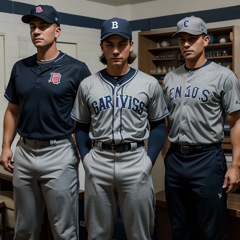 Please create an original designed baseball uniform stylized as a 1940s uniform, grey and dark blue