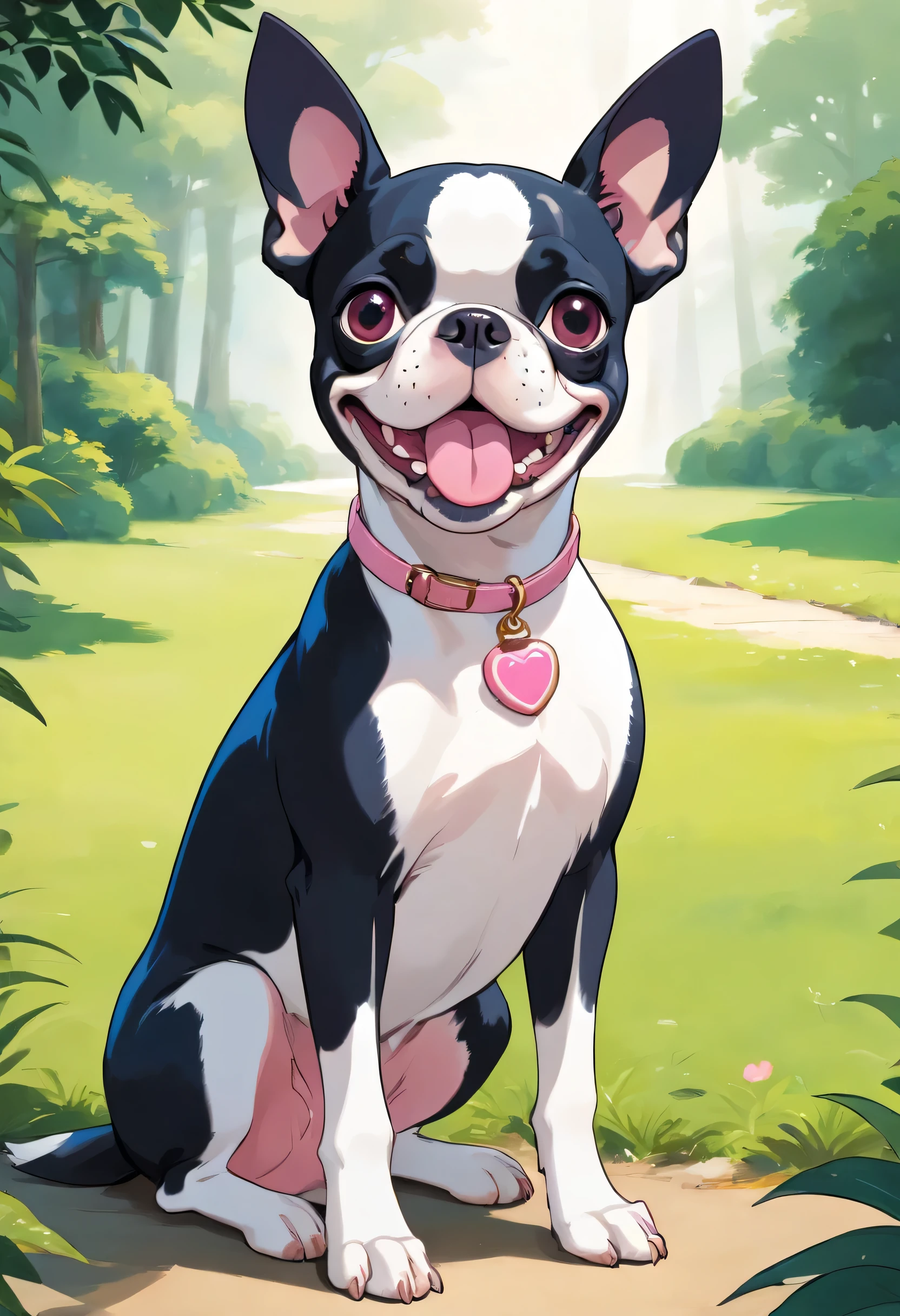 Full body Boston Terrier, white front right leg, black head with white muzzle, pink nose, white right ear, black spot on the right ear, Very small and crooked tail, brown eye color, smiling with tongue hanging out