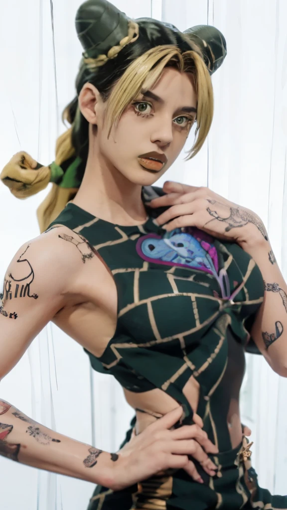 a woman in a black bikini top holding a sword, in jojo\'s bizarre adventure, jojo anime style, giorno giovanna, in a mixed style of æon flux, looking like annie leonhart, annie leonhart, style mix of æon flux, posing as a jojo character, jojo bizarre adventure, cammy, jojo's bizarre adventure