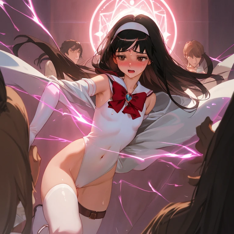 {{{{amazing quality, great quality, high quality, very aesthetic, aesthetic, best quality}}}},
realistic, photo, shadow, Three-dimensional, absurdres, Digital art,
{{{{Magical girl}}}}, beautiful girl, one girl,
black hair, long hair, straight hair, trimmed hair, shiny hair, blunt bangs, short sideburns,
brown eyes, tareme,
{{flat chest}}, {{small breasts}}, {{detailed body}}, slim thighs, thin thighs,
{{white leotard}, {leotard peek}}, {{pink sailor collar}}, {{pink elbow_gloves}}, {{red boots}},
ribbon trim, red bow tie, heart brooch, thigh strap, white headband, white circlet, white cloak,
{{both shoulders expose}}, {{covered navel}},
{{magic circle}}, distress, resistance, defeat, sexual pleasure, troubled face,
orgasm, sensitive body, Sweat, trembling, 1girl, 5boys, enemies, attack, touch, caress, fondles, breast grab, grabbing another's breast, crotch grab, fuck,