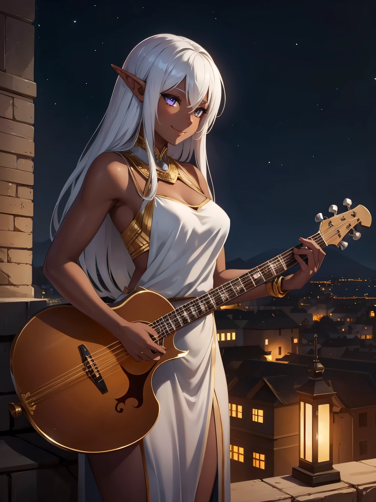 fix her eyes, cute innocent smile, dark skin, elf girl, elegant silver dress, gold accessories, silver eyes, skinny body, night rooftop, medieval city, playing a heavy instrument
